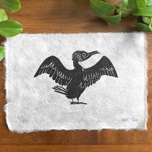 Cormorant Mini Lino Print - little bird linocut, waterbird art gift, shag decor