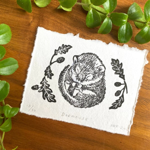 Dormouse and Oak Leaves linocut - mini lino print, cute rodent illustration, wildlife relief