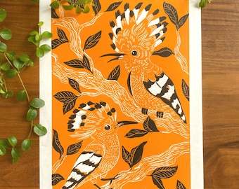 Hoopoe Linocut - original bird lino print, orange nature wall decor, animal illustration art