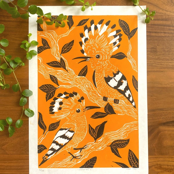 Hoopoe Linocut - original bird lino print, orange nature wall decor, animal illustration art