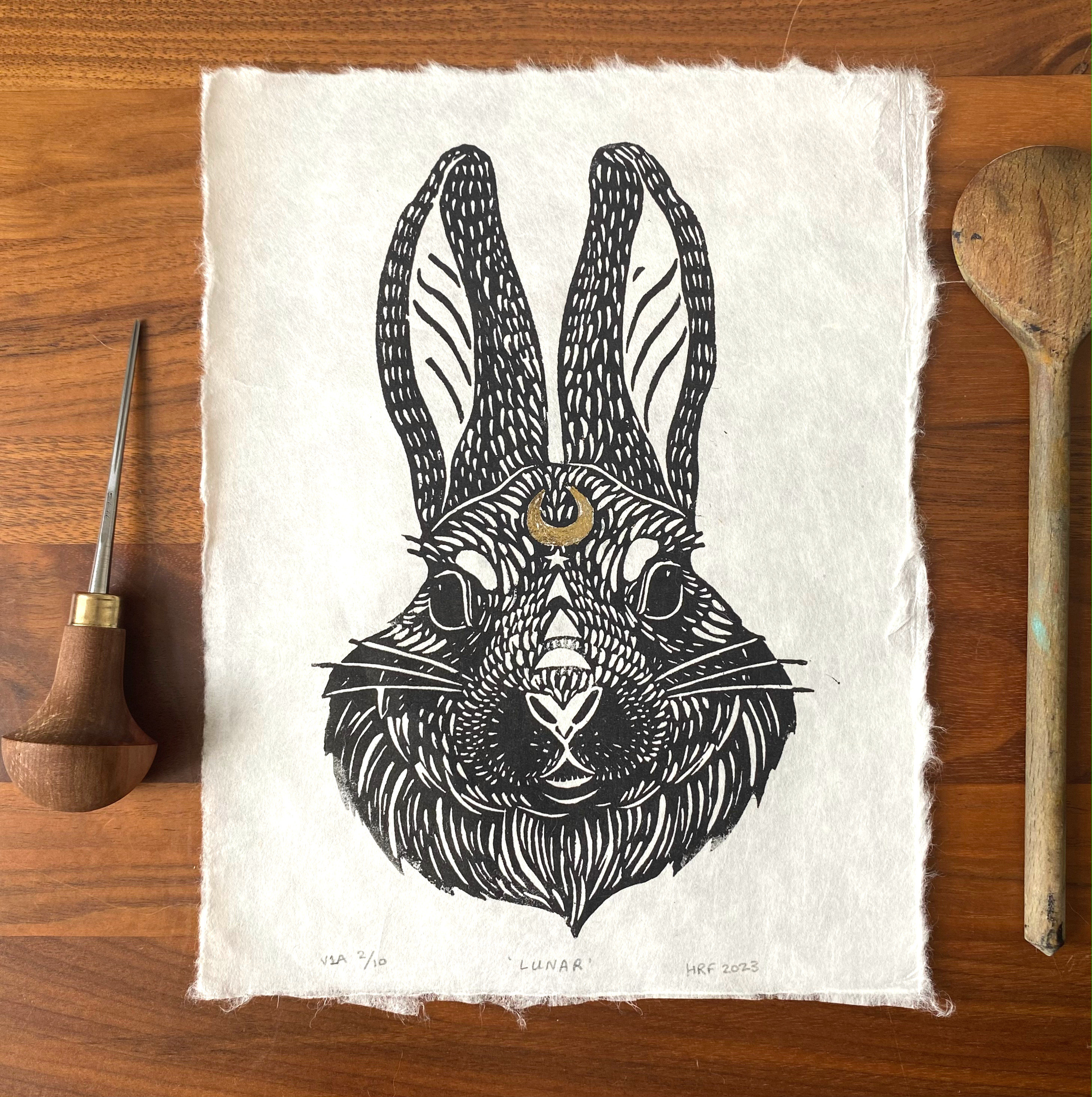 Rabbit Linocut Original Animal Lino Print, Bunny Moon Illustration Wall ...