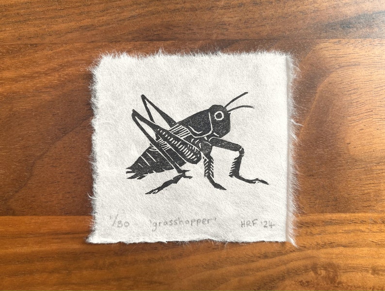 Grasshopper Mini Lino Print little insect linocut, cute wildlife art gift, garden bug decor image 3