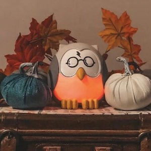 May include: A white owl-shaped nightlight with a lightning bolt on its chest and glasses. The nightlight is surrounded by three pumpkins, one blue, one white, and one black. The pumpkins are sitting on a wooden surface with fall leaves in the background.