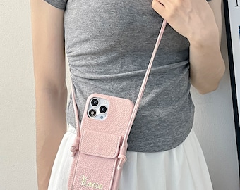 Personalized Leather iPhone Case, Card Wallet, Crossbody Strap