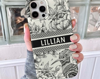 iPhone 15 Case, Toile Pattern iPhone Case, Black Toile Custom Name Designer iPhone 15 14 13 12 11 Pro Max Case