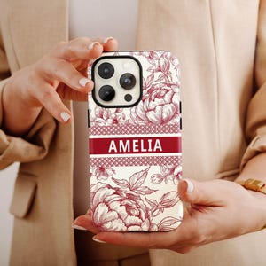 Funda para iPhone con estampado floral rojo Toile, nombre personalizado