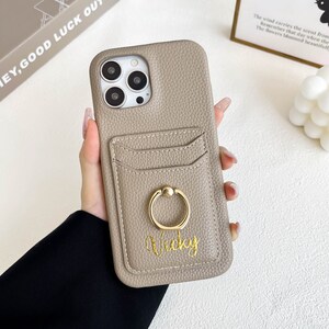 Coque iPhone 16 avec fente pour carte, double coque en cuir personnalisée avec fente pour carte avec anneau de support