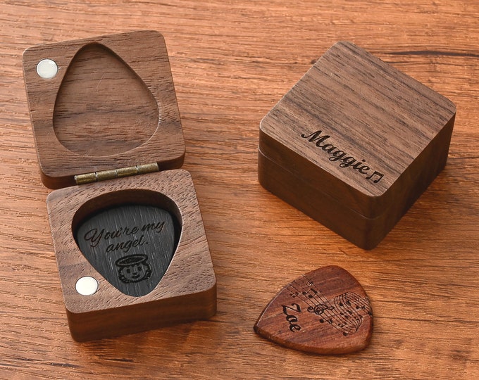 Personalized Guitar Picks Boyfriend Valentines Day Gift, Custom Wooden Guitar Pick Case Box with Engraving, Wood Guitar Pick Music Gift