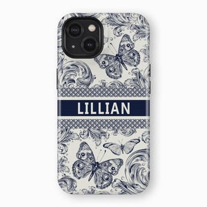 iPhone 17 Case, Blue Butterfly Toile iPhone Case Personalized name, Custom Name iPhone 17 15 14 13 12 11 Pro Max Case