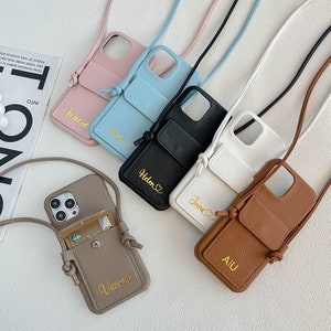 Housse pour iPhone 16, étui en cuir pour iPhone, étui pour iPhone portefeuille avec carte personnalisée avec bandoulière