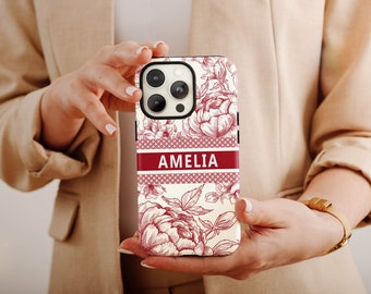 iPhone 15 Case, Designer Red Toile iPhone Case, Personalized Name iPhone 15 14 13 12 11 Pro Max Case, Toile iPhone 15 Pro Max Case