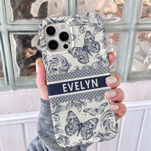 iPhone 17 Butterfly Toile Pattern Personalized Name iPhone Case, Custom Name iPhone 17 15 14 13 12 11 Pro Max Case
