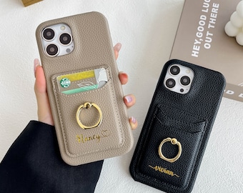 Personalized Leather iPhone Case, Double Card Slot with Stand Ring