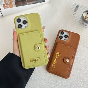 Funda para iPhone 16 con tarjetero, funda de piel con monograma personalizado para iPhone