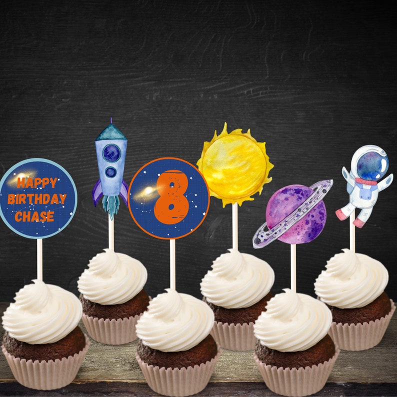 12 Space Themed Cupcake Toppers Outer Space Space Birthday Etsy