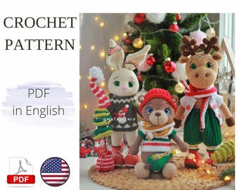 set 3in1 Bunny Elk Bear Crochet Pattern PDF English Amigurumi Handmade christmas PDF animals English