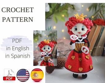 Poupée Amigurumi Reine de Coeur Reine de Cœur au Crochet Patron PDF Anglais Espagnol Amigurumi fait main