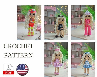 Set 5in1 Girl Doll Amigurumi Doll Crochet Pattern PDF English Amigurumi Handmade