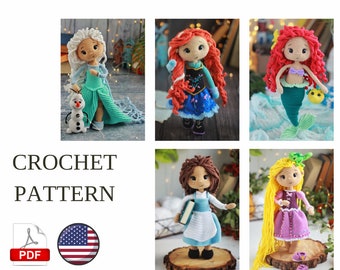 Set 5in1 Princess Amigurumi Doll Crochet Pattern PDF English Amigurumi Handmade