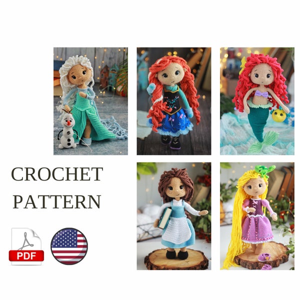 Set 5in1 Prinzessin Amigurumi Doll Häkelanleitung PDF englisch Amigurumi Handmade