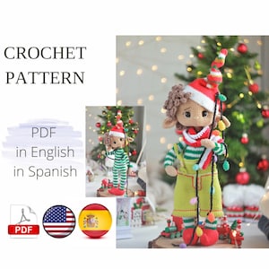 Aiutante di Babbo Natale all'uncinetto giocattolo simpatico elfo di Natale, PDF INGLESE SPAGNOLO modello Elfo uncinetto modello animali Amigurumi giocattolo fatto a mano