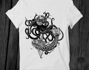 Koi Fish Fight with Octopus T Shirt Unisex Adult Mens Womens Gift Cool Music Fashion Top Vintage Retro Tee G412