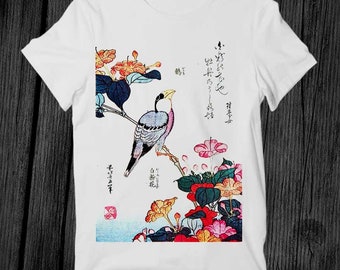 Katsushika Hokusai Tee Vogels Bloemen Schilderen Japanse Bestseller T-shirt Unisex Volwassen Cadeau Cool Muziek Mode Top Retro Tee G482
