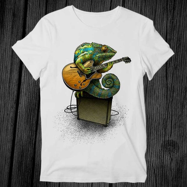 Chamäleon Spielt Die Gitarre T-Shirt Unisex Erwachsene Herren Damen Geschenk Coole Musik Mode Top Vintage Retro Bestseller Trending Tee G395