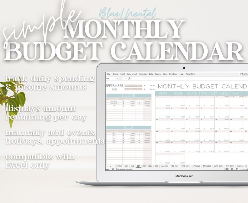 Simple Monthly Budget Calendar for Excel, Expense Tracking Spreadsheet ...