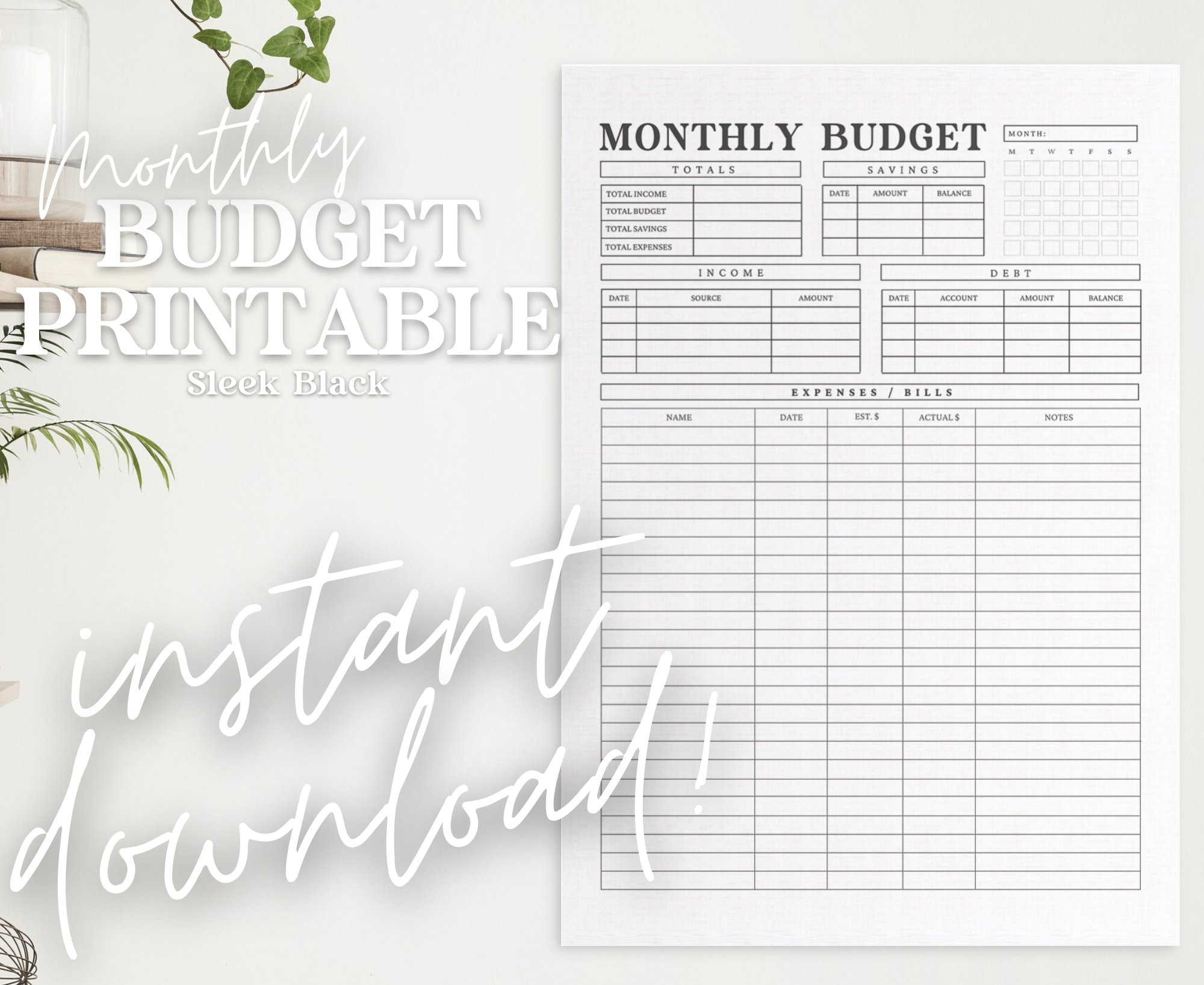 Monthly Budget Binder Insert Black and White Monthly Budget Etsy