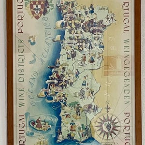 Original 1958 Portugal Weingebiete. Portugal Regiõnes Vinícolas. Lithografie, Dekoration, Geschenk, Vintage-Karte, Hochzeit, Innendekoration.