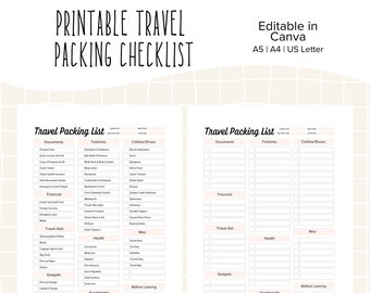 Lista di controllo dell'imballaggio modificabile, lista di imballaggio da viaggio per vacanze, viaggi d'affari, vacanze, crociere, viaggi in famiglia
