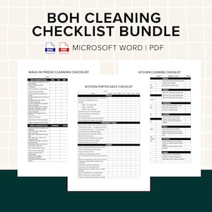 May include: A bundle of cleaning checklists in Microsoft Word and PDF formats. The image displays three checklists: a walk-in fridge cleaning checklist, a kitchen porter daily checklist, and a kitchen cleaning checklist. The title "BOH Cleaning Checklist Bundle" is at the top.