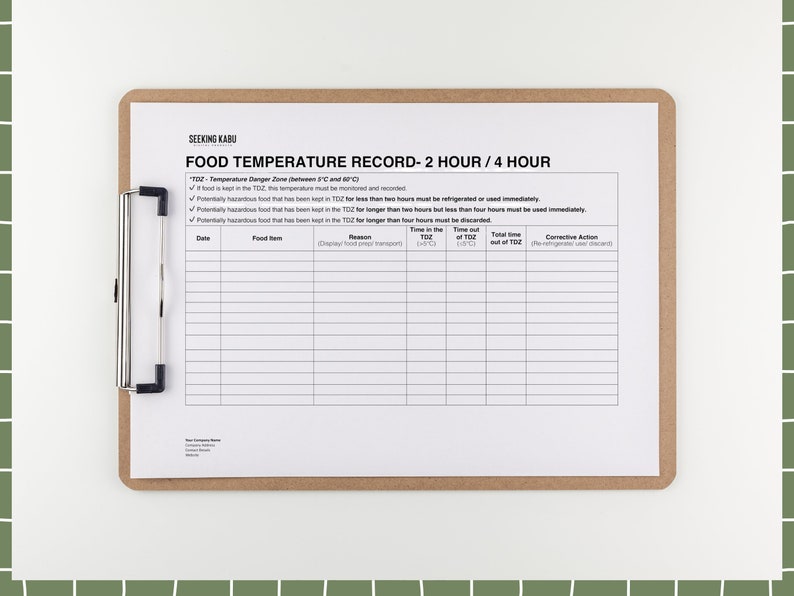 Food Temperature Record Sheets for Restaurants, Cafe, Bakery, Catering
