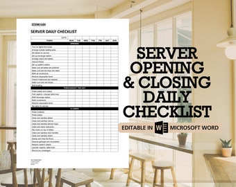 Server Daily Checklist; Restaurant; Cafe; New Hire Training, Mis en place; Opening, Mid day, Closing Shift; Waiter, Waitress Task List