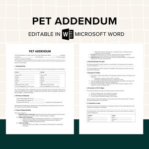 Può includere: Un documento legale di addendum per animali domestici stampabile per proprietari e inquilini. Il documento delinea i termini e le condizioni per tenere animali domestici nella proprietà, comprese le tasse per animali domestici, le razze limitate e le responsabilità dell'inquilino.