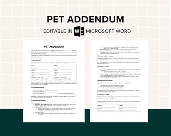 Pet Addendum Template for Lease, Editable Pet Policy Form, Customizable Rental Agreement, Tenant Pet Restriction, MS Word, PDF