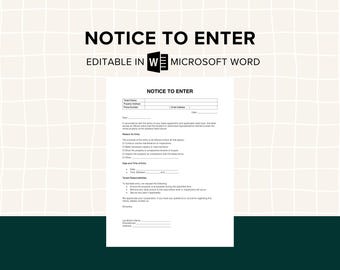 Landlord Notice to Enter Template, Editable Tenant Entry Notice Letter, Room, Residential Rental Property Access Form, PDF, MS Word
