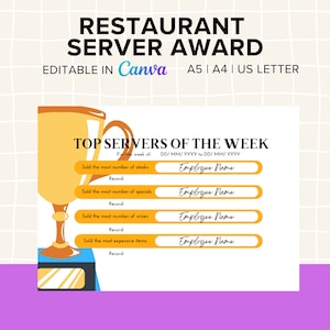 以下が含まれることがあります： レストランのサーバー賞の印刷可能な証明書テンプレート。証明書には、黄色のベースと「今週のトップサーバー」と書かれた黄色のバナーが付いた金のトロフィーが描かれています。証明書には、従業員の氏名、賞の週、そして最も多く売れたステーキ、スペシャル、ワイン、高価な商品の記録を記入するスペースがあります。