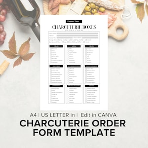 シャルキュトリー注文書テンプレート、Canva 編集可能なグラジング セット、チーズボード ビジネス ツール、カスタマイズされたハンパー注文書、中小企業オーナー