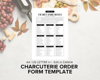 May include: A black and white charcuterie order form template with checkboxes for meats, cheeses, vegetables, and more. The words "CHARCUTERIE BOXES ORDER FORM" are at the top. The image includes grapes, wine, and charcuterie board elements.