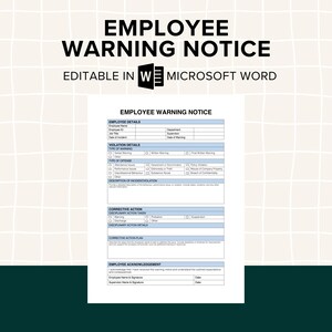 Könnte beinhalten: Eine Vorlage für eine Mitarbeiterwarnung mit weißem Hintergrund und einem Rastermuster. Das Dokument enthält Abschnitte für Mitarbeiterdetails, Verletzungsdetails, Korrekturmaßnahmen und die Bestätigung des Mitarbeiters. Der Text "EMPLOYEE WARNING NOTICE" steht oben.