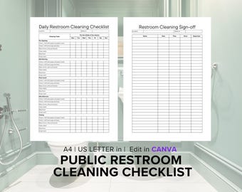 Public Restroom Cleaning Checklist and Sign Off Sheet, Editable Printable Forms, Canva Templates, Toilet, Bathroom, Powder Room, Lavatory
