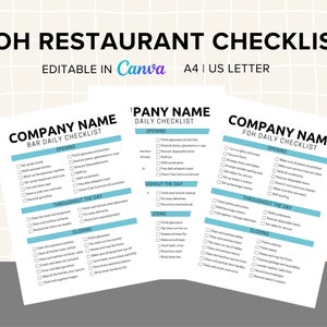 FOH Restaurant Daily Checklist, For Server, Manager and  Bartender, For Restaurants and Cafes, Editable and Printable