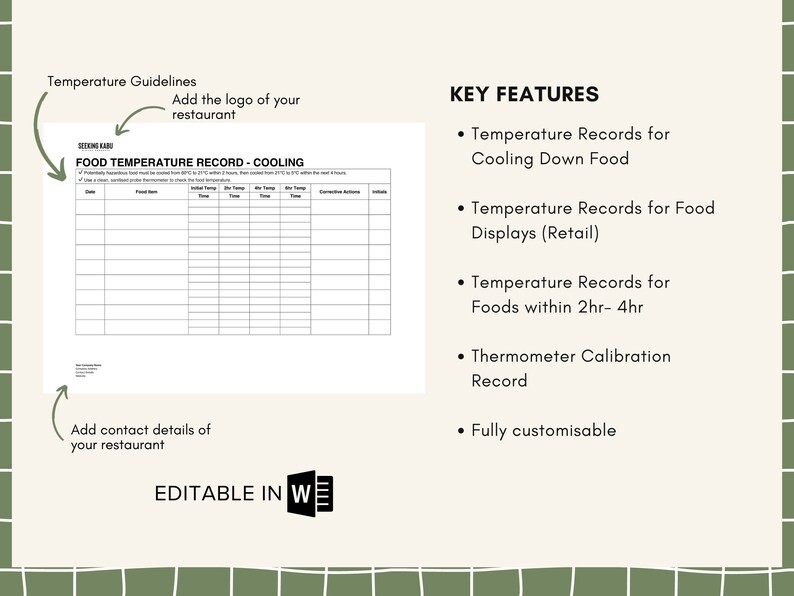 Food Temperature Record Sheets for Restaurants, Cafe, Bakery, Catering