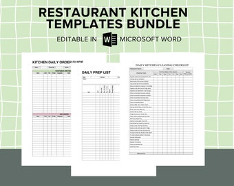 Restaurant Kitchen Templates Bundle, Order and Prep List, Fridge and Food Temp Logs, Wastage Record, Cleaning Checklist, BOH, Commercial