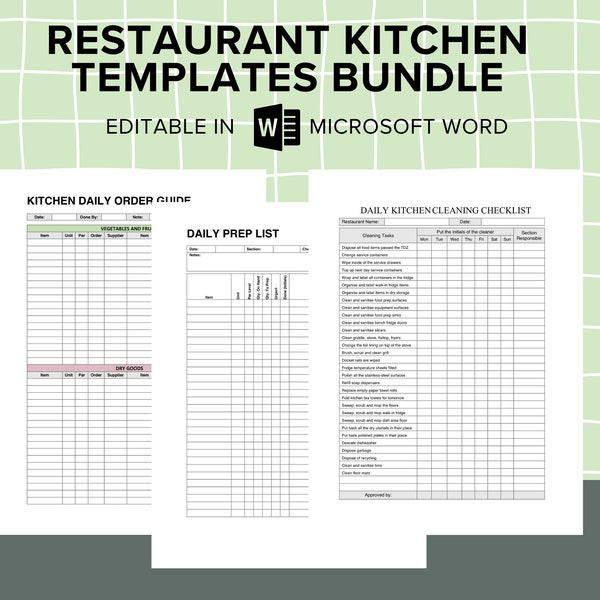 Restaurant Kitchen Templates Bundle, Order and Prep List, Fridge and Food Temp Logs, Wastage Record, Cleaning Checklist, BOH, Commercial