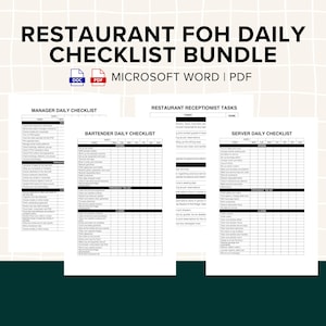 May include: A black and white printable checklist bundle for restaurant front of house staff. The bundle includes checklists for managers, bartenders, servers, and restaurant receptionists. The checklists are formatted with columns for tasks, dates, and checkmarks.