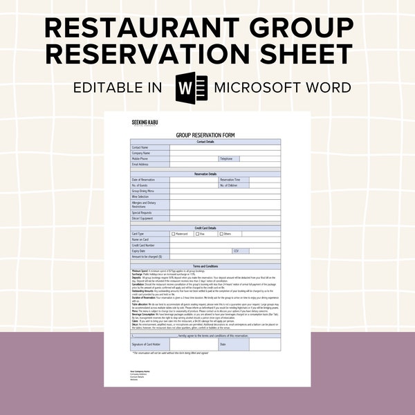 Restaurant Group Reservation Sheet; Table Reservation, Casual and Fine Dining, Cafe, Bar, Birthday, Christmas Party, Special Event; Editable