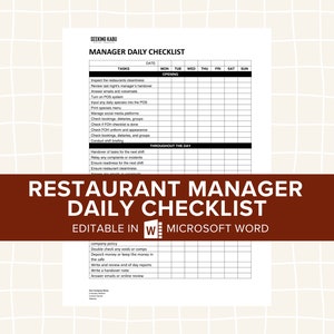 Restaurant Manager Daily Checklist, Cafe, Bar, Casual, Fine Dining, Weekly, Printable, Editable, FOH, Tasks List, Templates